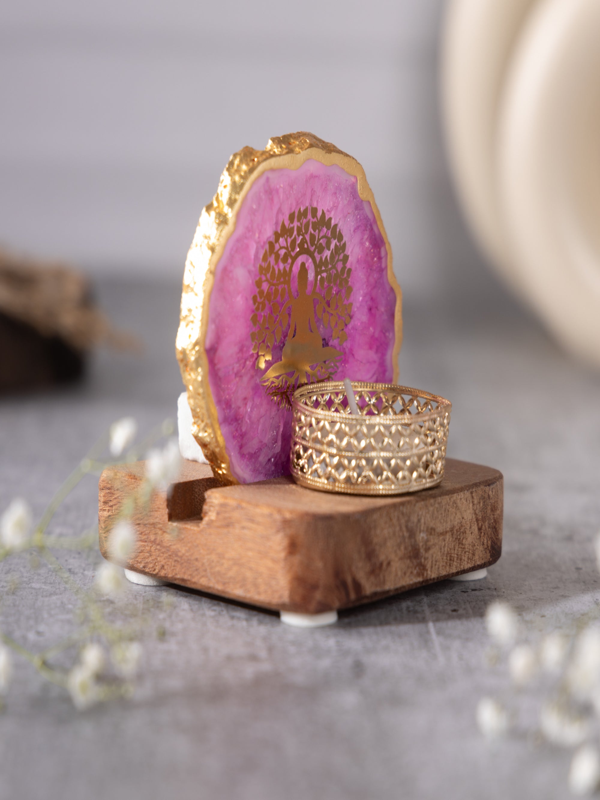 Budha Tree Agate Tealight Wooden
