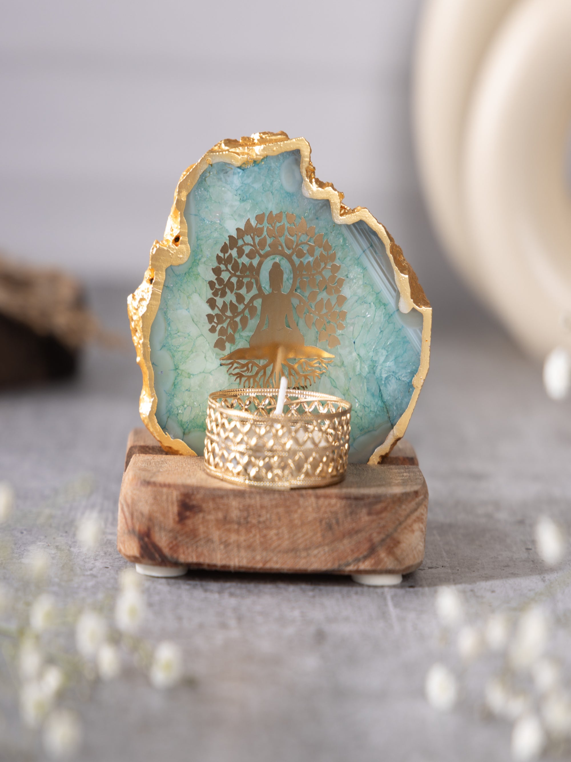 Budha Tree Agate Tealight Wooden