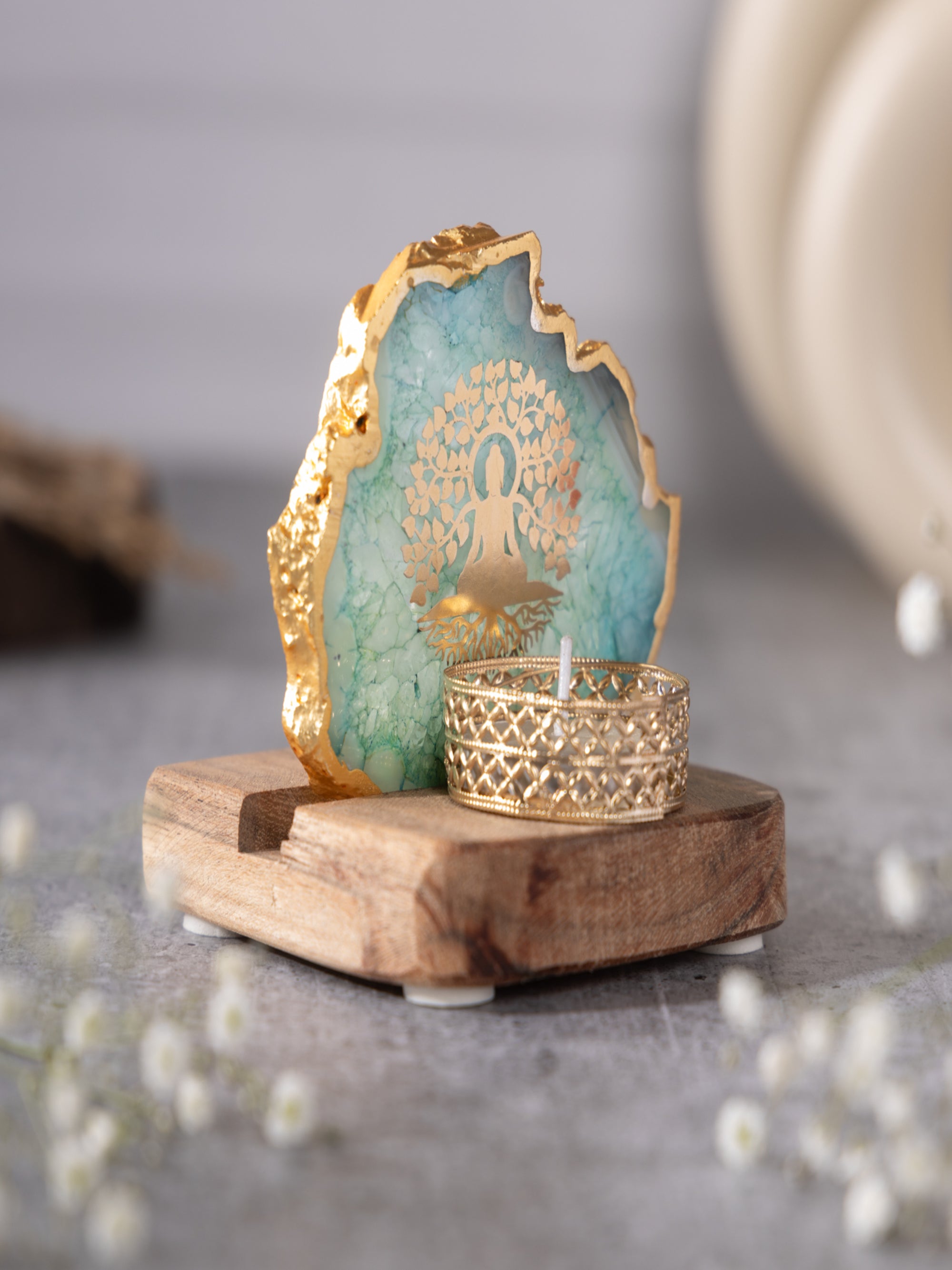 Budha Tree Agate Tealight Wooden