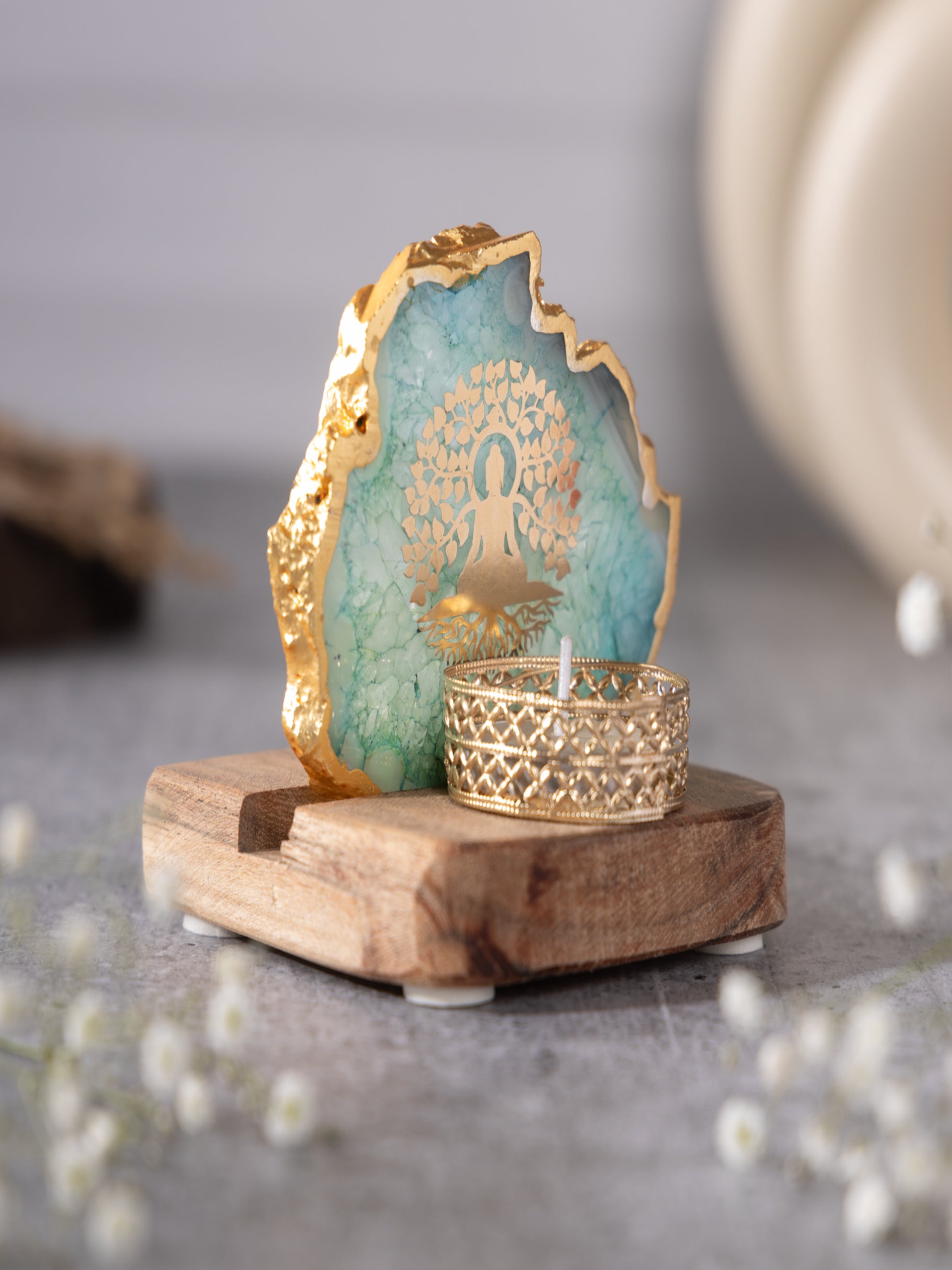 Budha Tree Agate Tealight Wooden