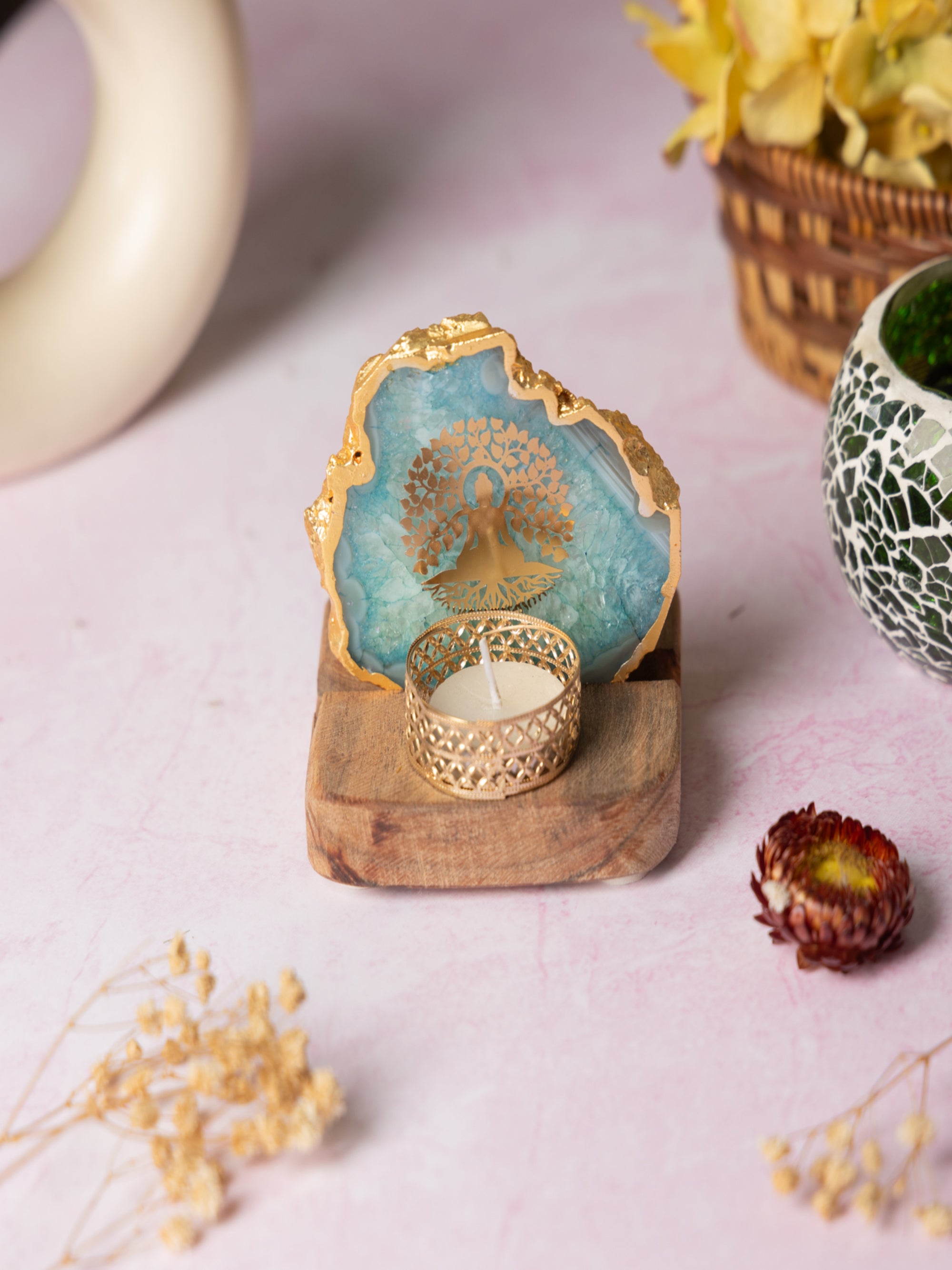 Budha Tree Agate Tealight Wooden