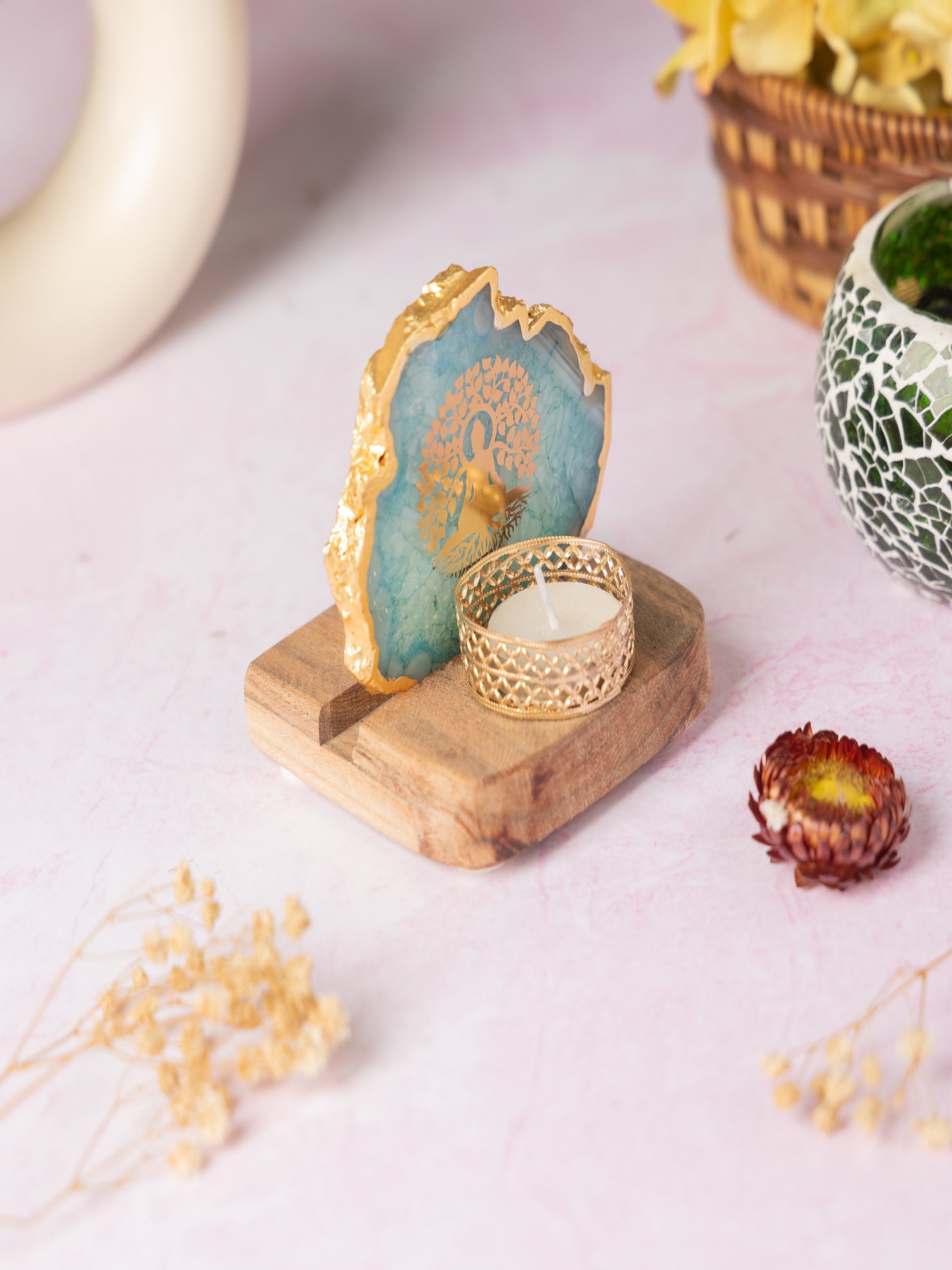 Budha Tree Agate Tealight Wooden
