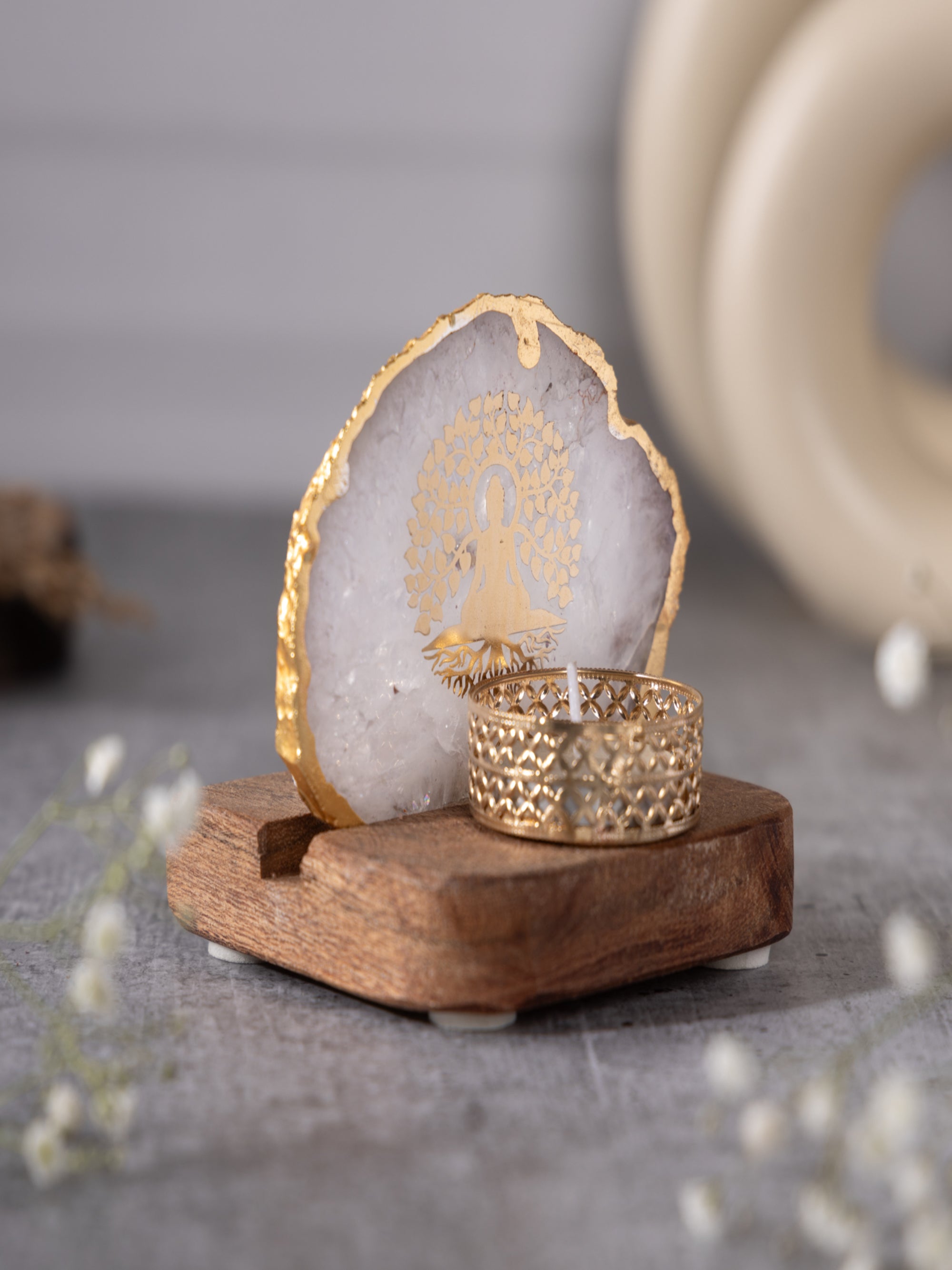 Budha Tree Agate Tealight Wooden