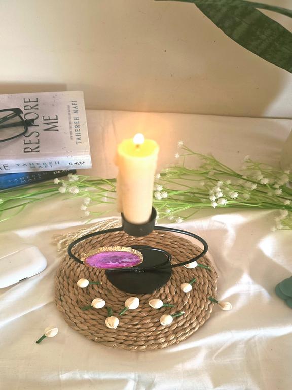 Candle Stand Double Metal Ring Round with Pink Agate