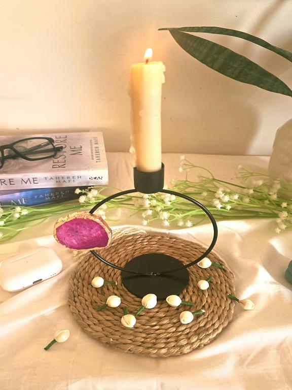 Candle Stand Metal Round with Pink Agate