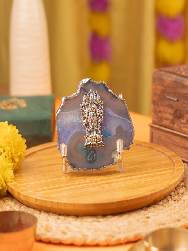 Agate Ganesha Showpiece Silver Platting Egdes with Metal Stand - Green