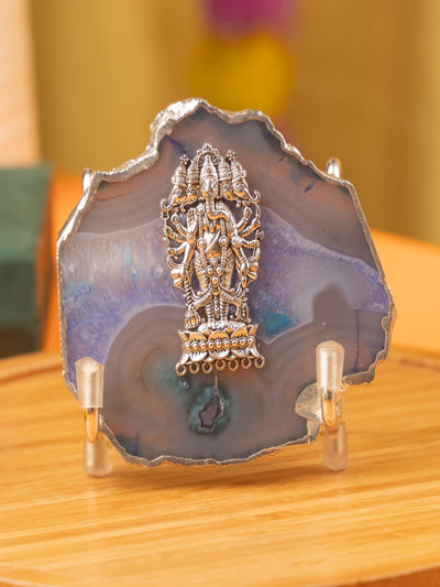 Agate Ganesha Showpiece Silver Platting Egdes with Metal Stand - Green