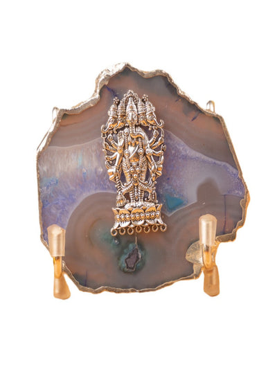 Agate Ganesha Showpiece Silver Platting Egdes with Metal Stand - Green