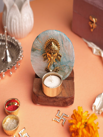 Agate Ganesha Wooden Tealight - Blue