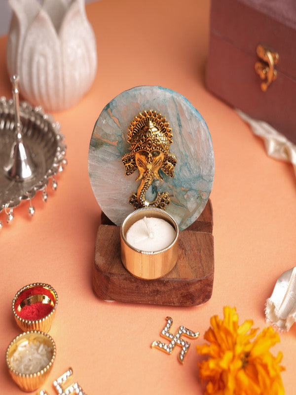 Agate Ganesha Wooden Tealight - Blue