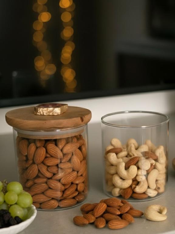 Agate Pink Stone Lid Glass Storage Jar with Wooden Top set of 2