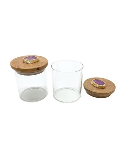 Agate Pink Stone Lid Glass Storage Jar with Wooden Top set of 2