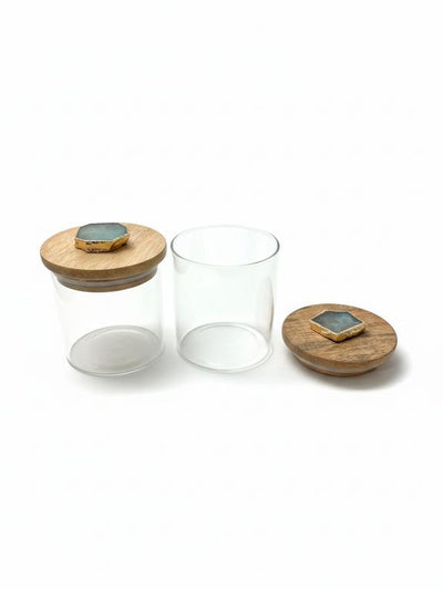 Agate Turquoise Stone Lid Glass Storage Jar with Wooden Top set of 2