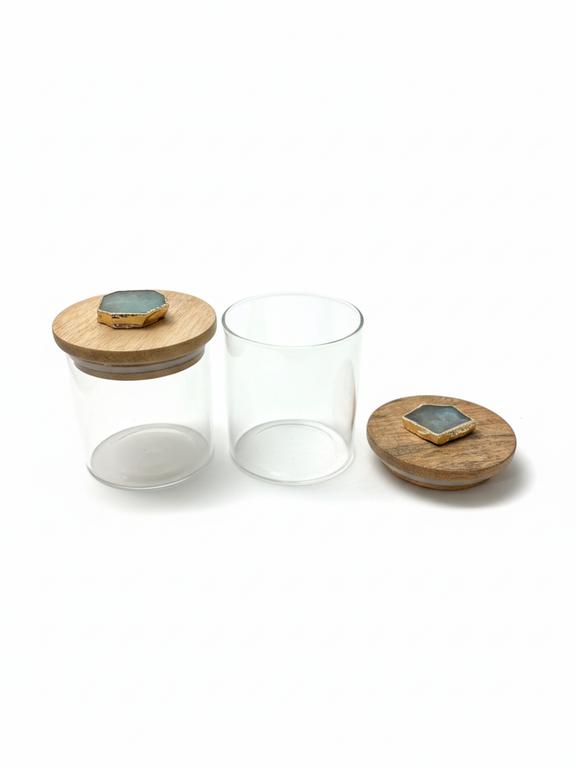 Agate Turquoise Stone Lid Glass Storage Jar with Wooden Top set of 2