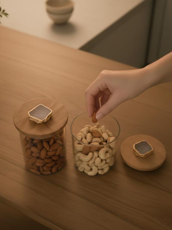 Agate White Stone Lid Glass Storage Jar with Wooden Top set of 2