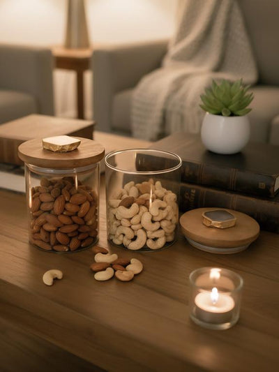 Agate White Stone Lid Glass Storage Jar with Wooden Top set of 2