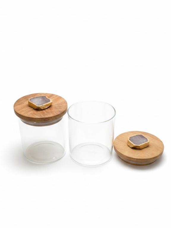 Agate White Stone Lid Glass Storage Jar with Wooden Top set of 2