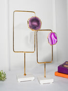 Purple Agate Metal Criss Cross Shape Showpiece with Marble Base Set of 2 Home Decor Accent