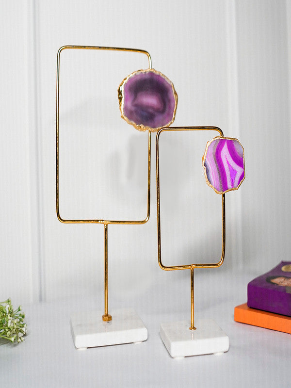 Purple Agate Metal Criss Cross Shape Showpiece with Marble Base Set of 2 Home Decor Accent