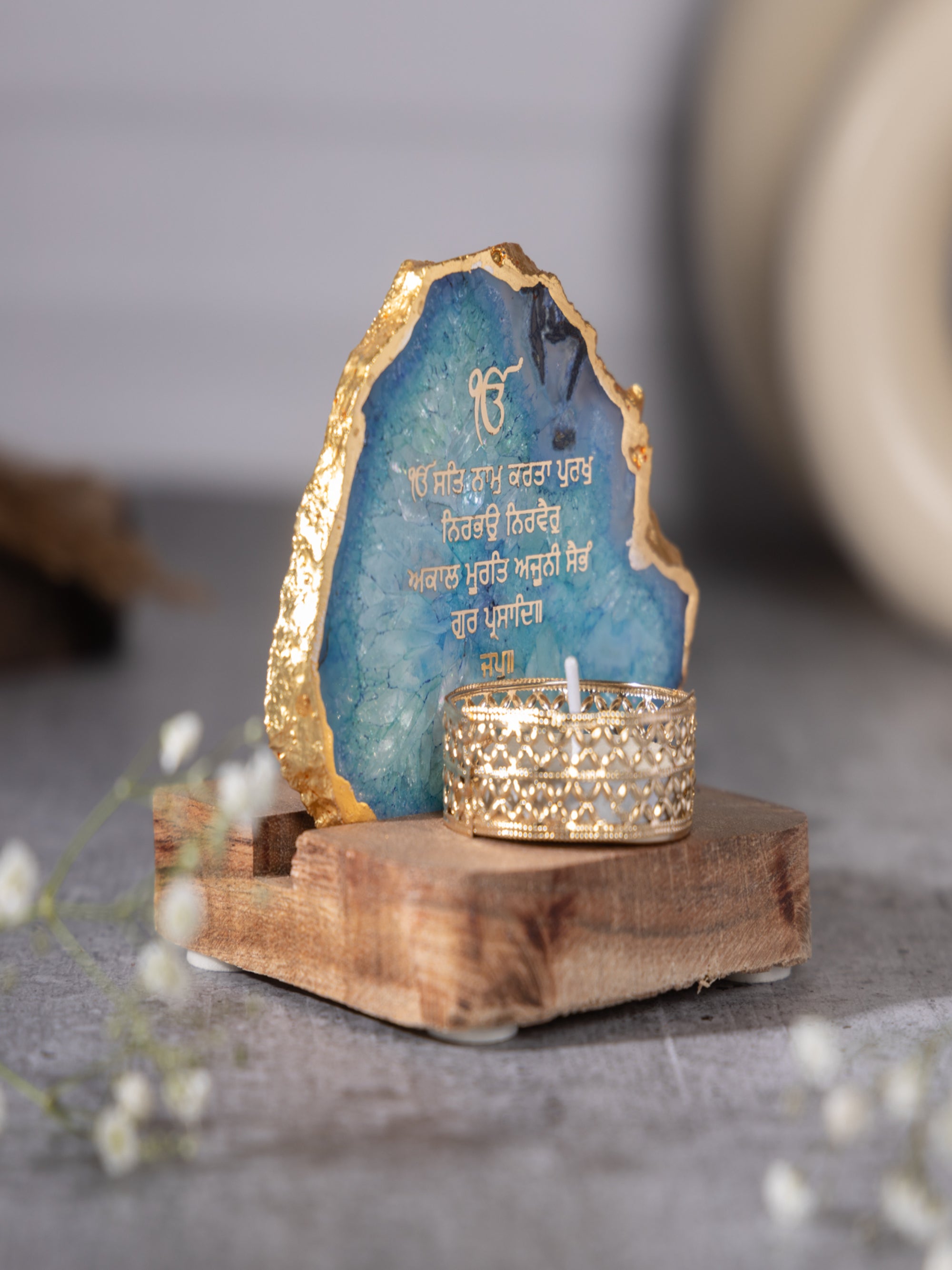 Ik Onkar Mantra Agate Tealight Wooden