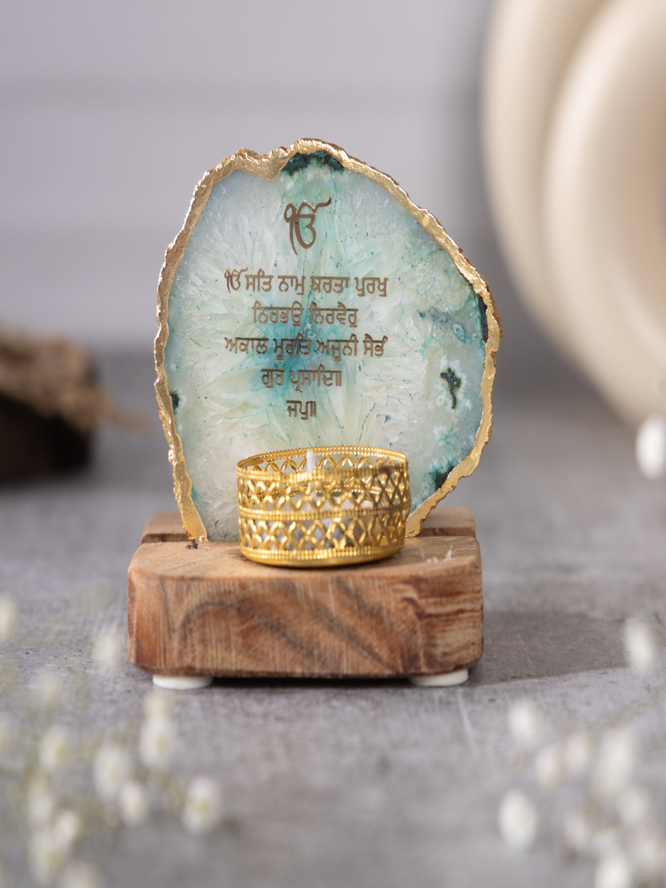 Ik Onkar Mantra Agate Tealight Wooden