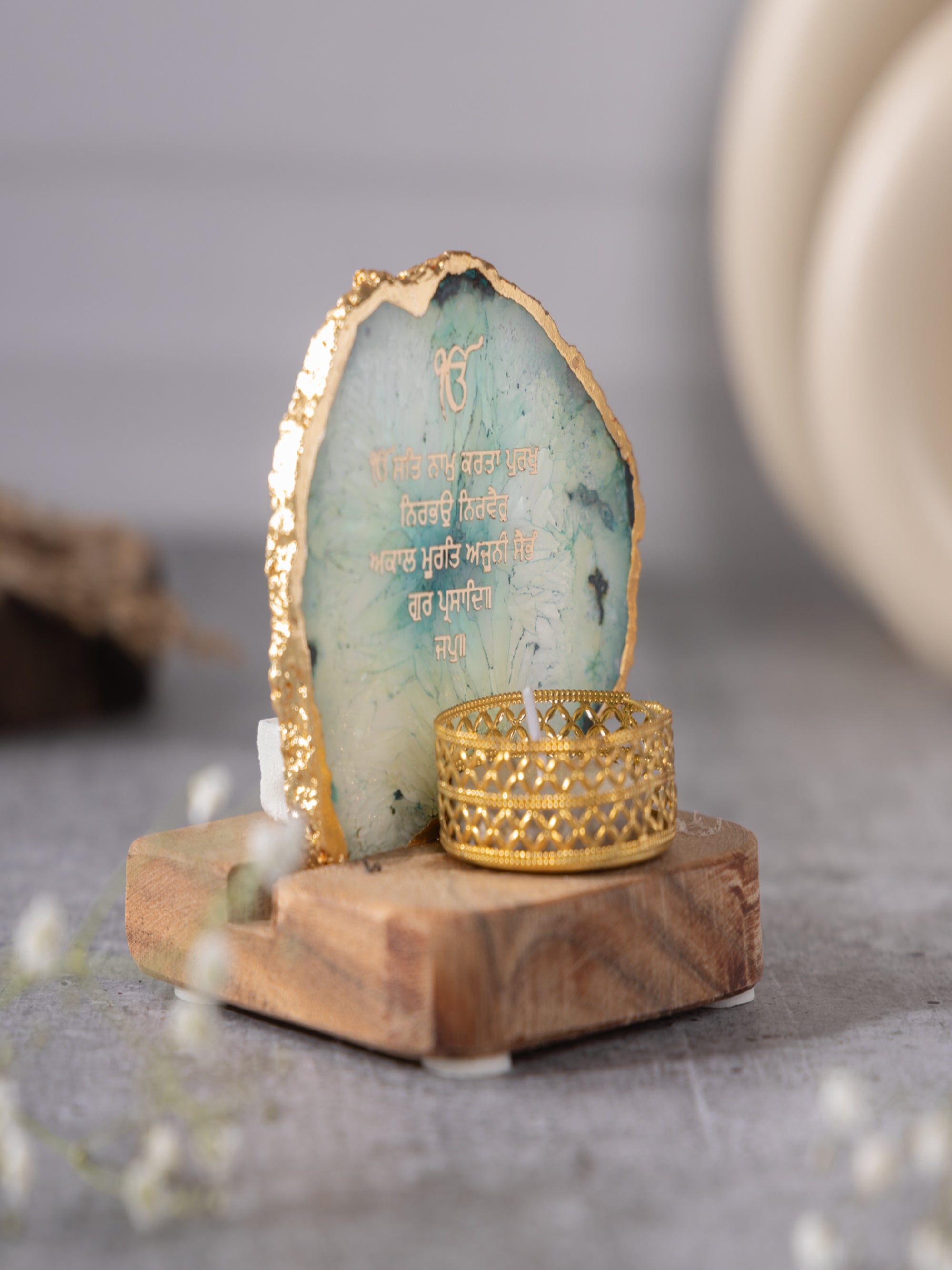 Ik Onkar Mantra Agate Tealight Wooden