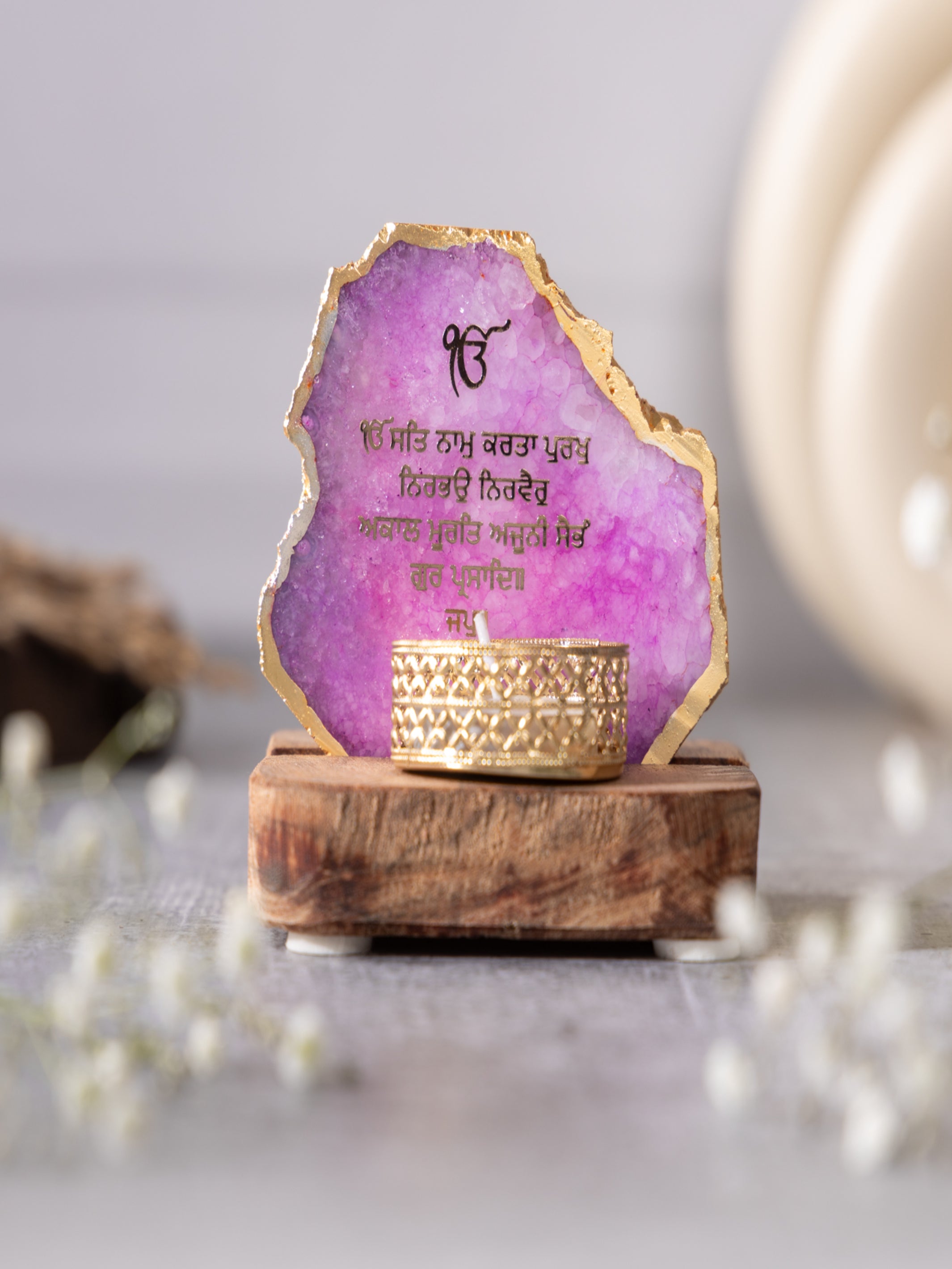Ik Onkar Mantra Agate Tealight Wooden
