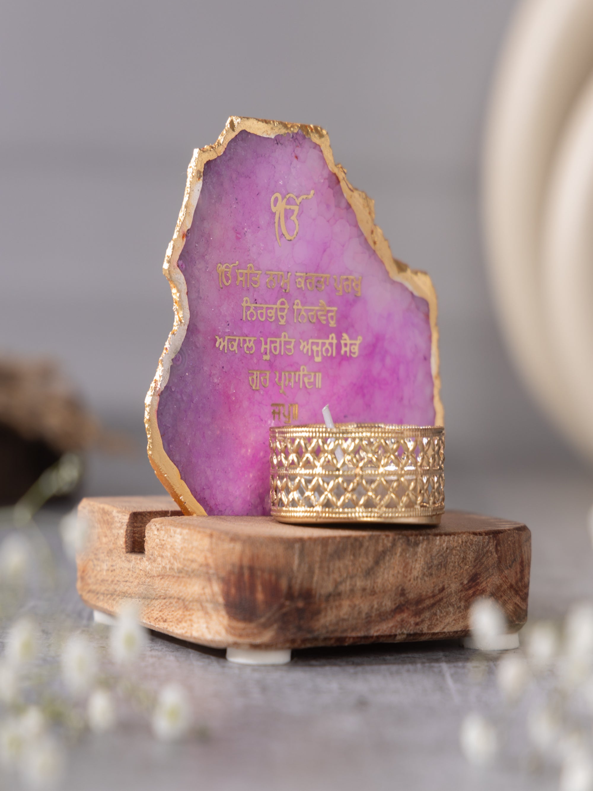 Ik Onkar Mantra Agate Tealight Wooden
