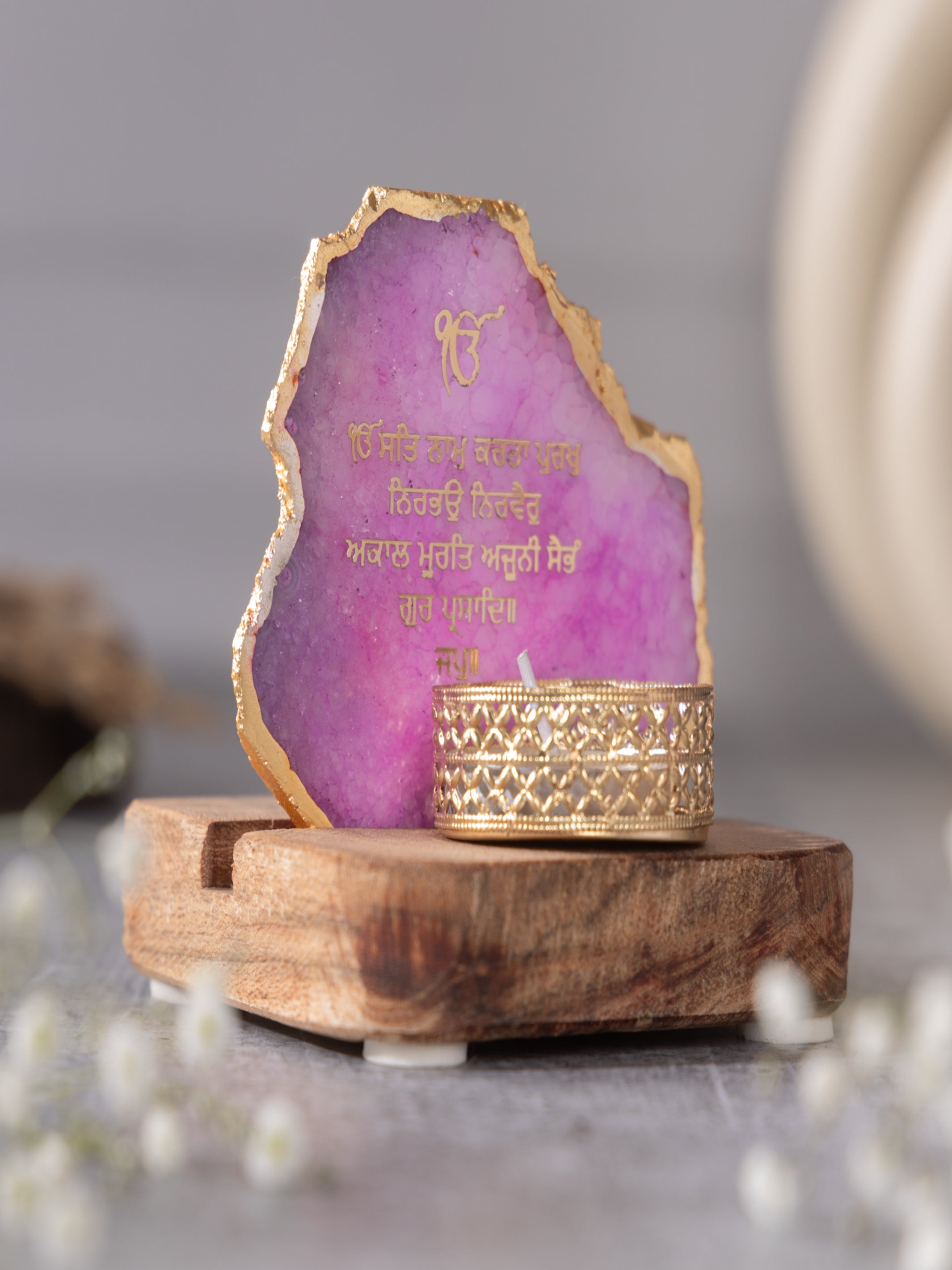 Ik Onkar Mantra Agate Tealight Wooden