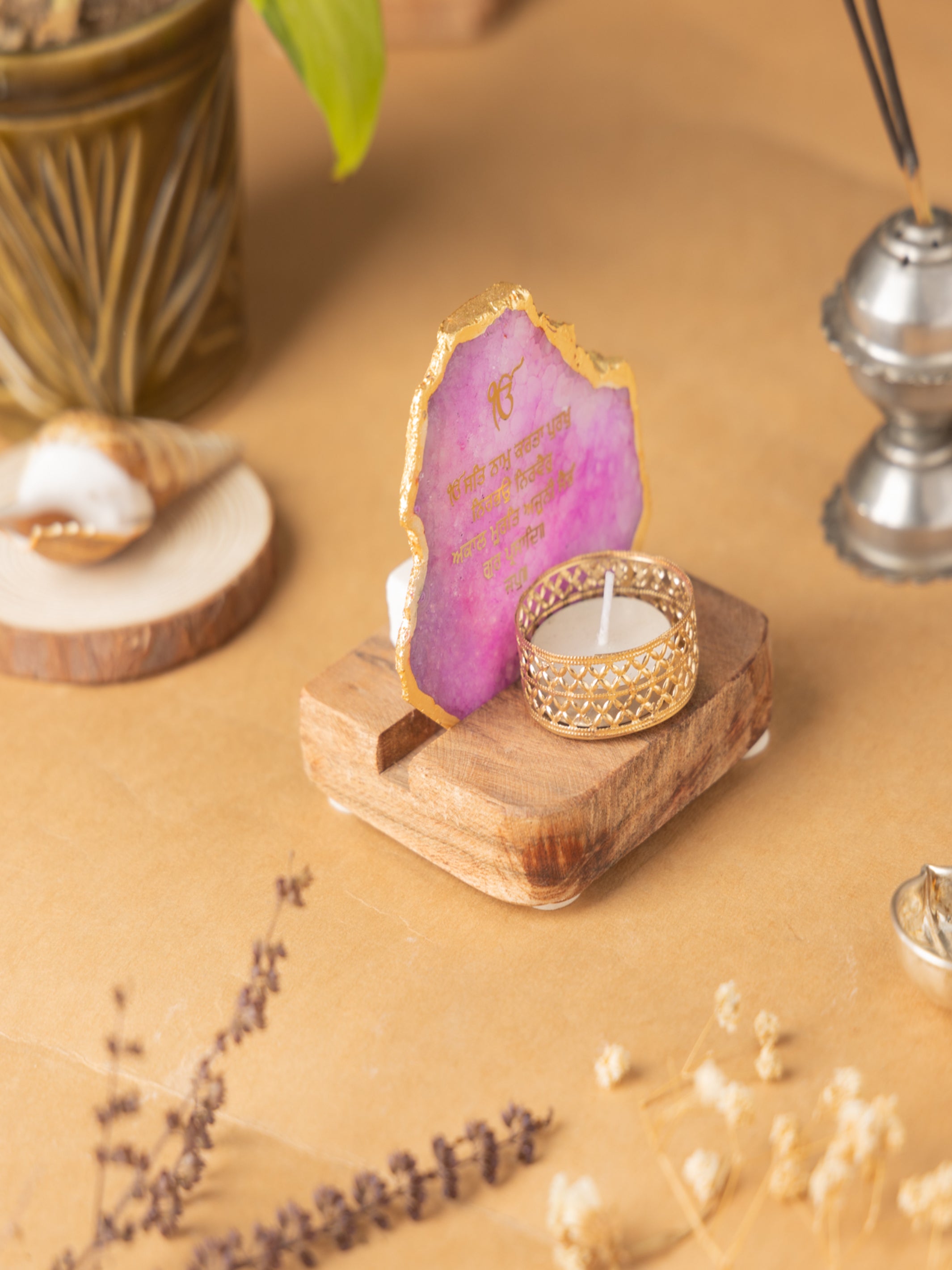 Ik Onkar Mantra Agate Tealight Wooden