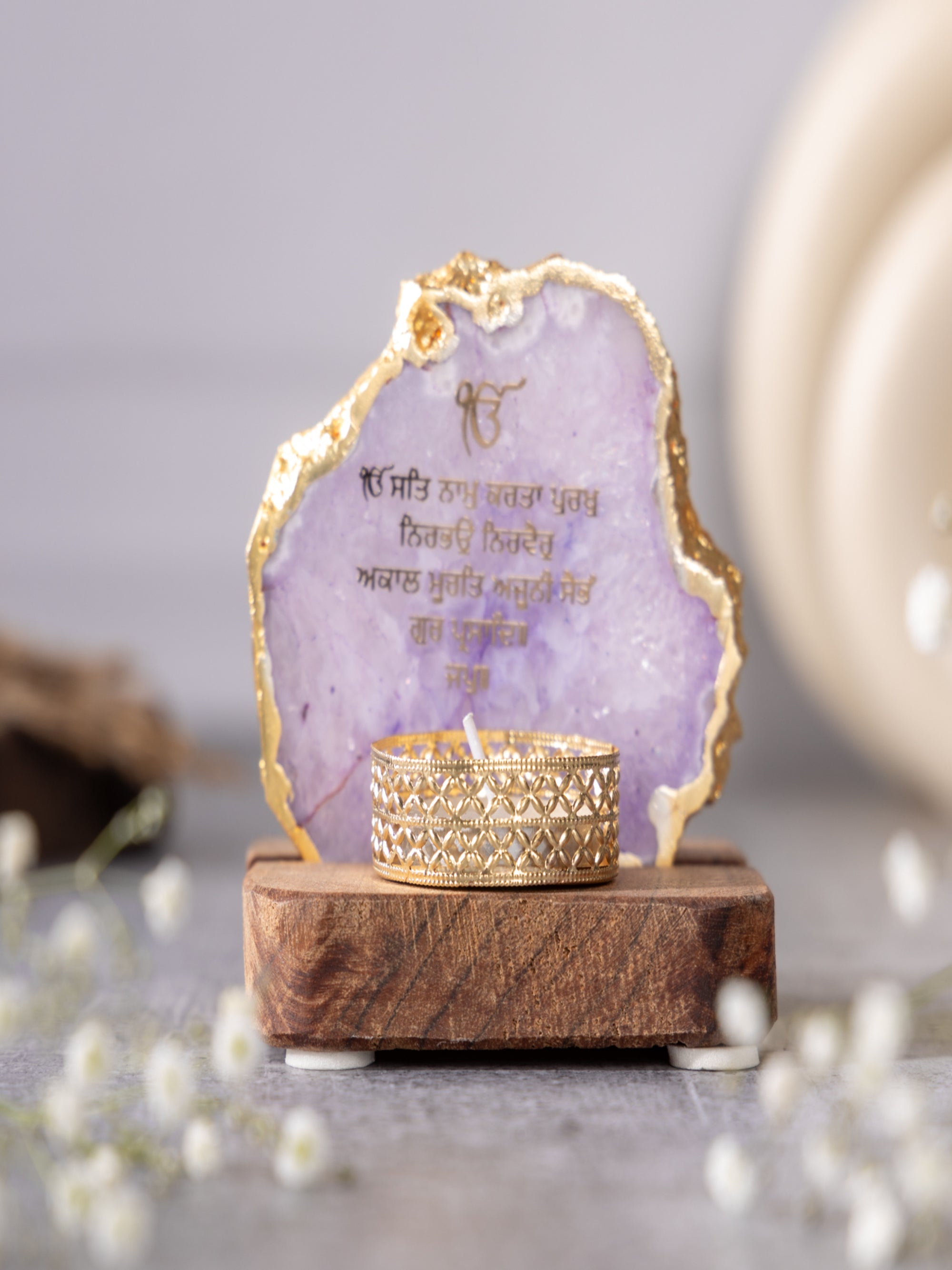 Ik Onkar Mantra Agate Tealight Wooden