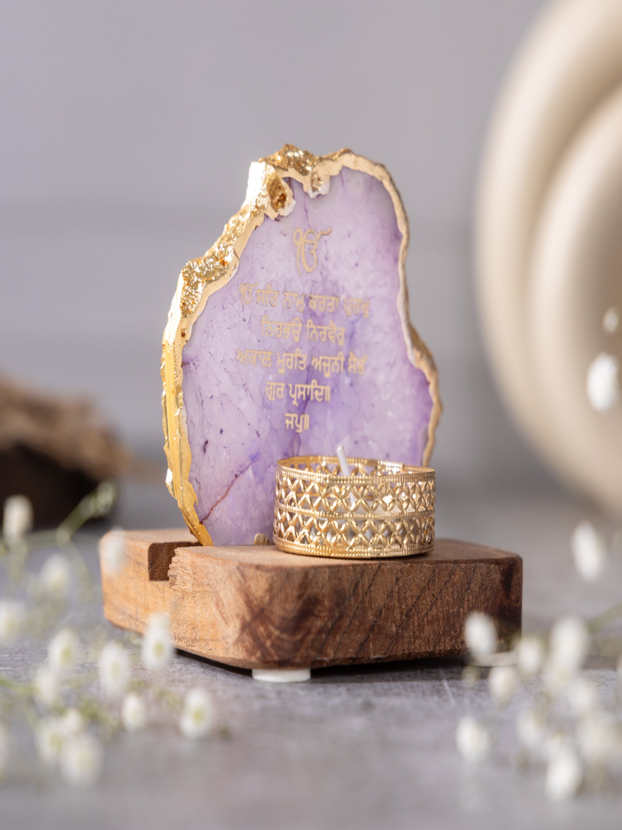 Ik Onkar Mantra Agate Tealight Wooden