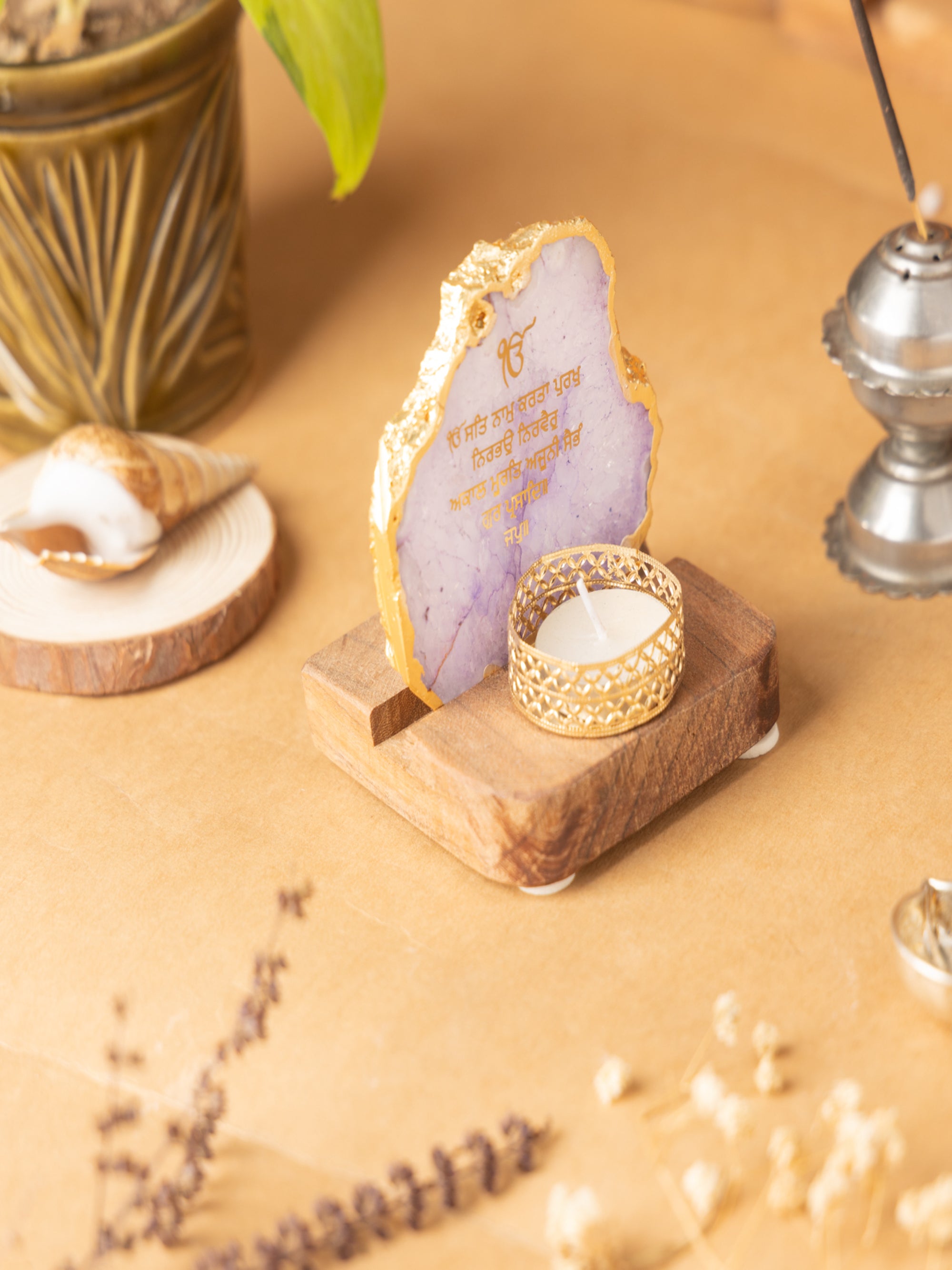 Ik Onkar Mantra Agate Tealight Wooden