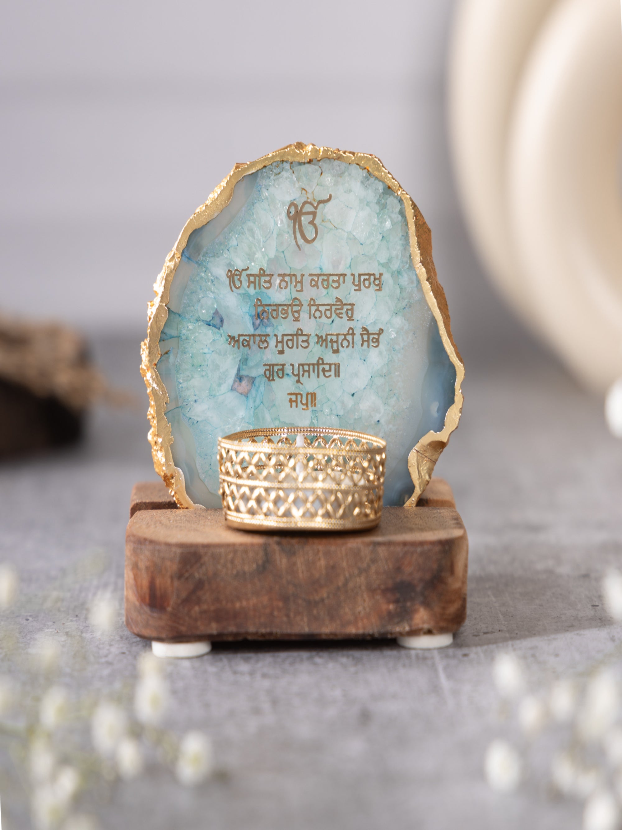 Ik Onkar Mantra Agate Tealight Wooden