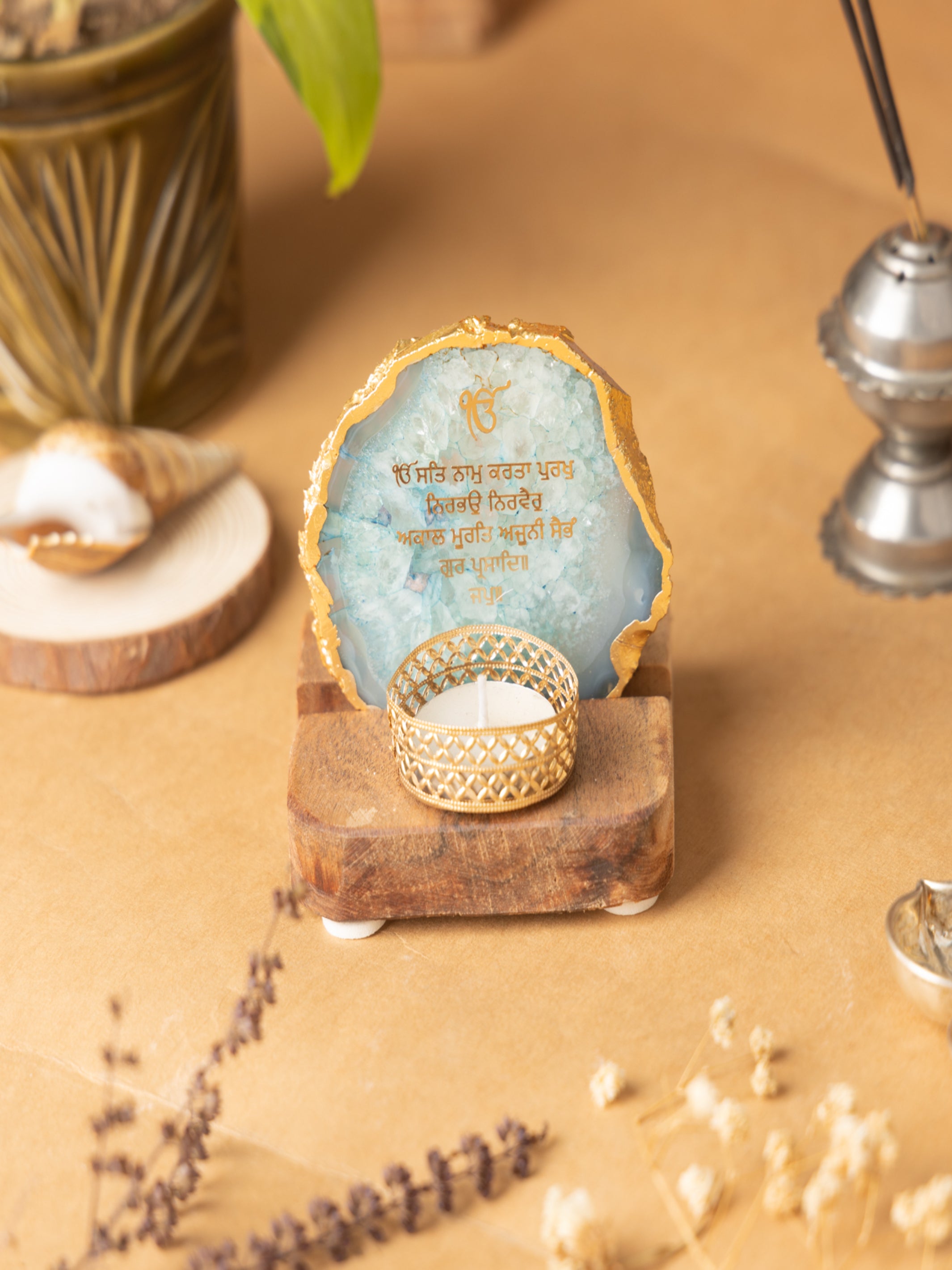 Ik Onkar Mantra Agate Tealight Wooden