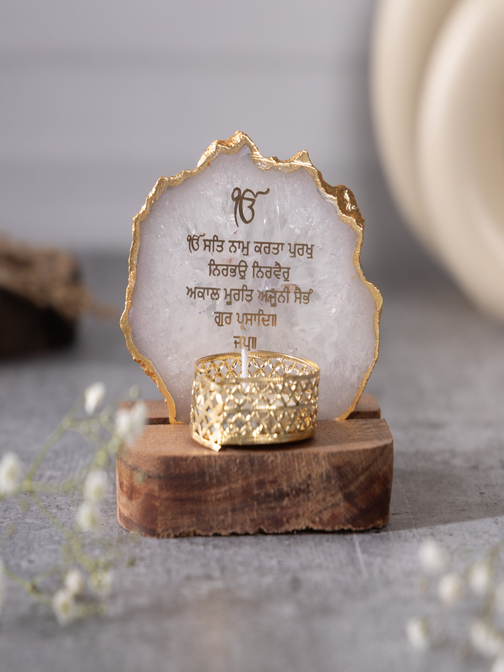Ik Onkar Mantra Agate Tealight Wooden