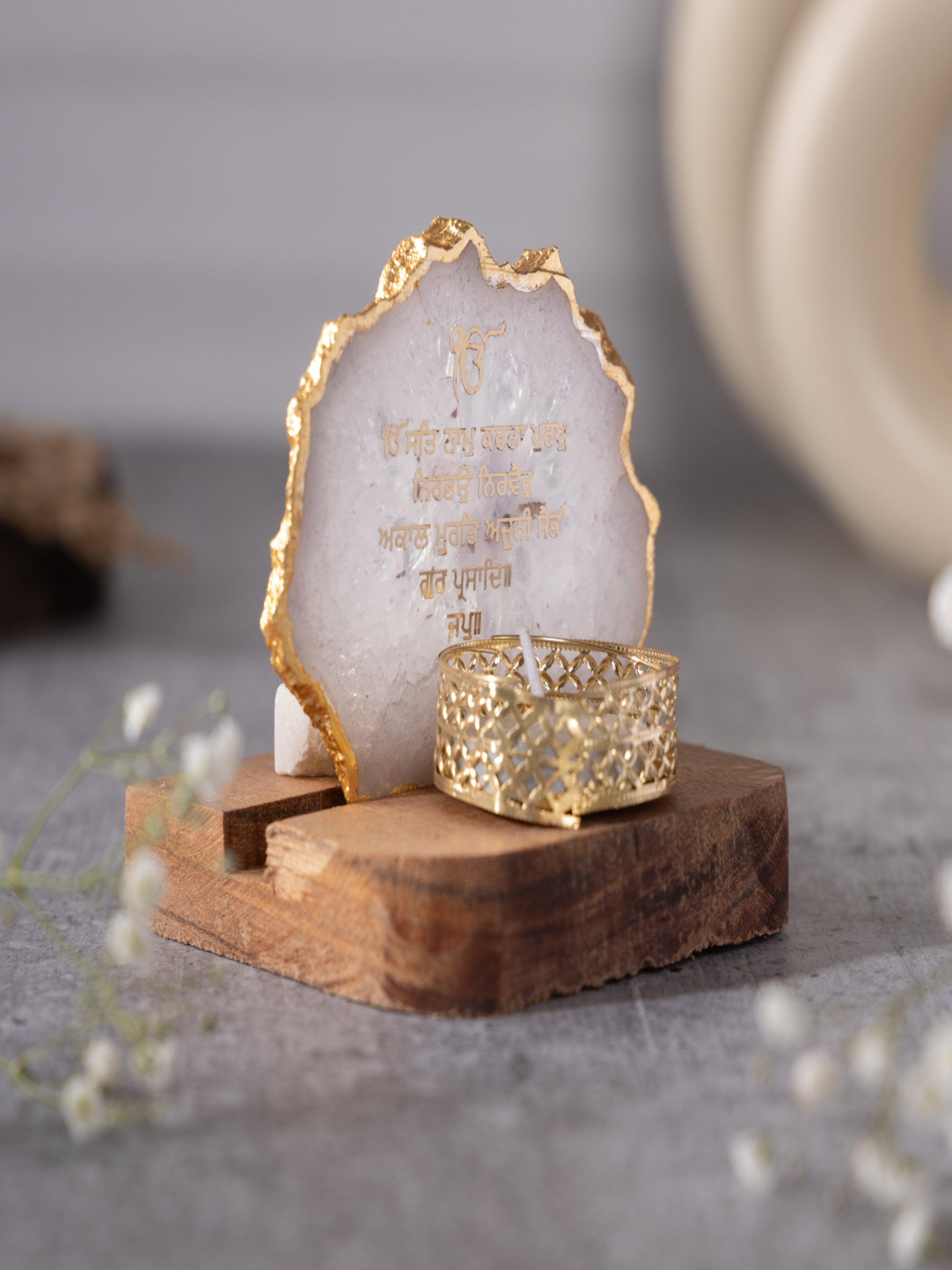 Ik Onkar Mantra Agate Tealight Wooden