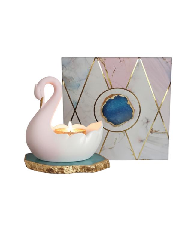 Swan Shaped Tealight Candle Holder Agate Base Blue