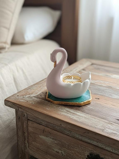 Swan Shaped Tealight Candle Holder Agate Base Green