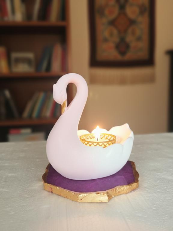 Swan Shaped Tealight Candle Holder Agate Base Pink