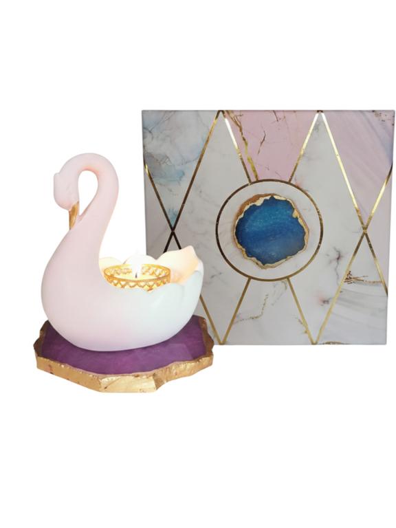 Swan Shaped Tealight Candle Holder Agate Base Pink