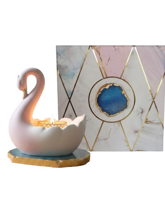 Swan Shaped Tealight Candle Holder Agate Base Turquoise