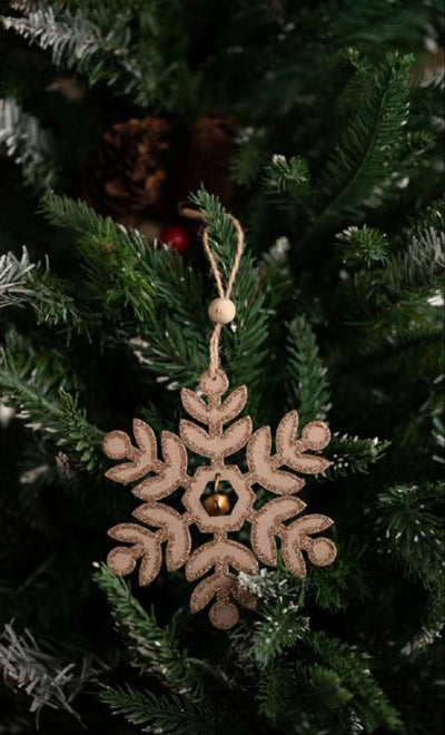 Wooden Snowflake Hanging Ornament with Gold Glitter & Bell_CC91