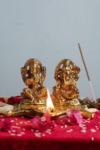 Brass Laxmi Ganesh Idol Diya | Antique Finish