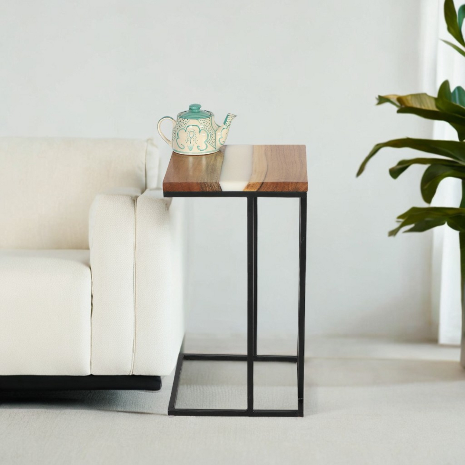 C-Shaped Table – Acacia Wood with White Resin Finish