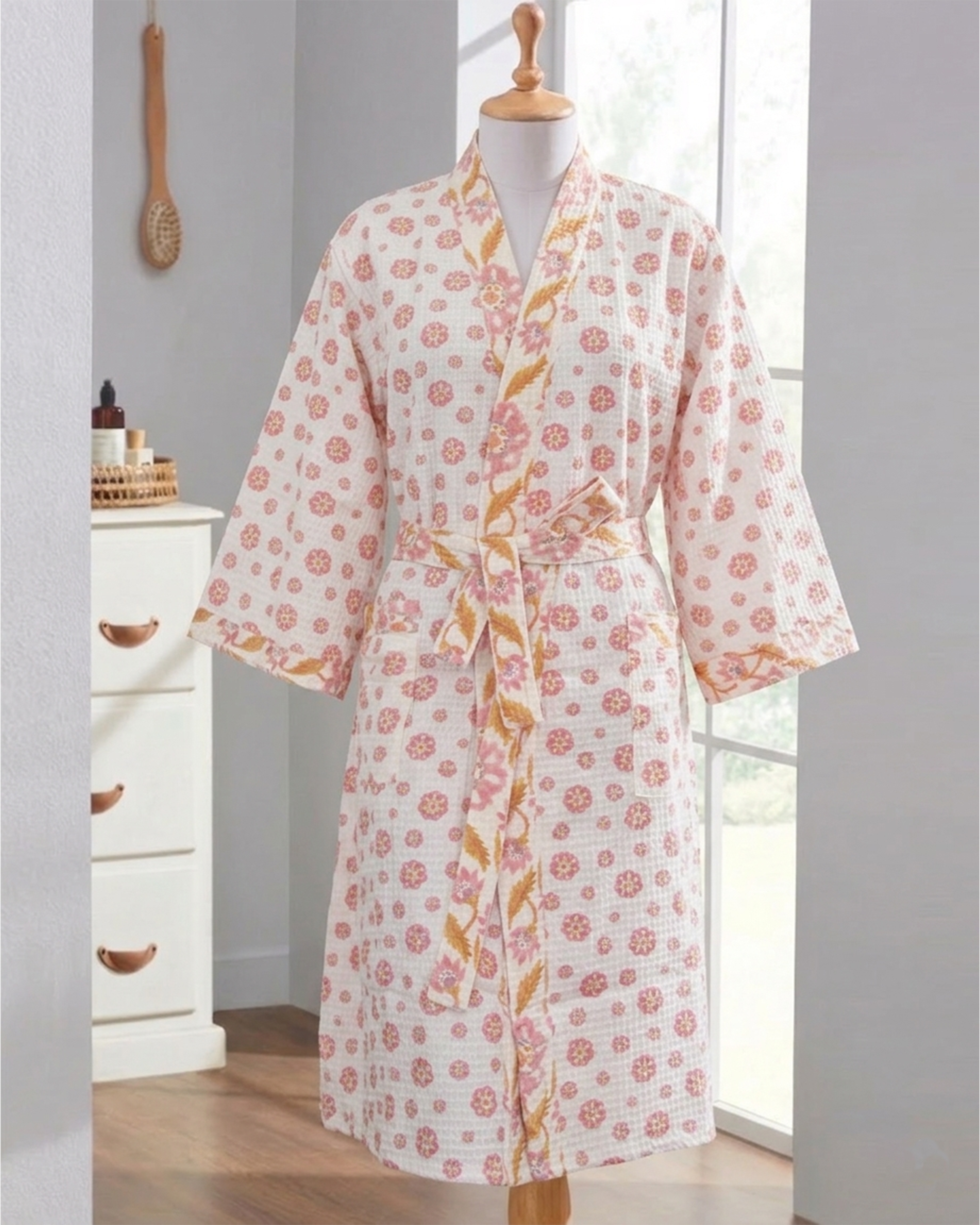 Rahat Pink Flower Cotton Waffle Bathrobe