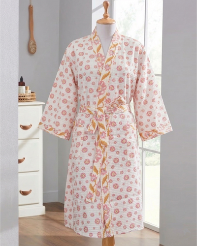 Rahat Pink Flower Cotton Waffle Bathrobe
