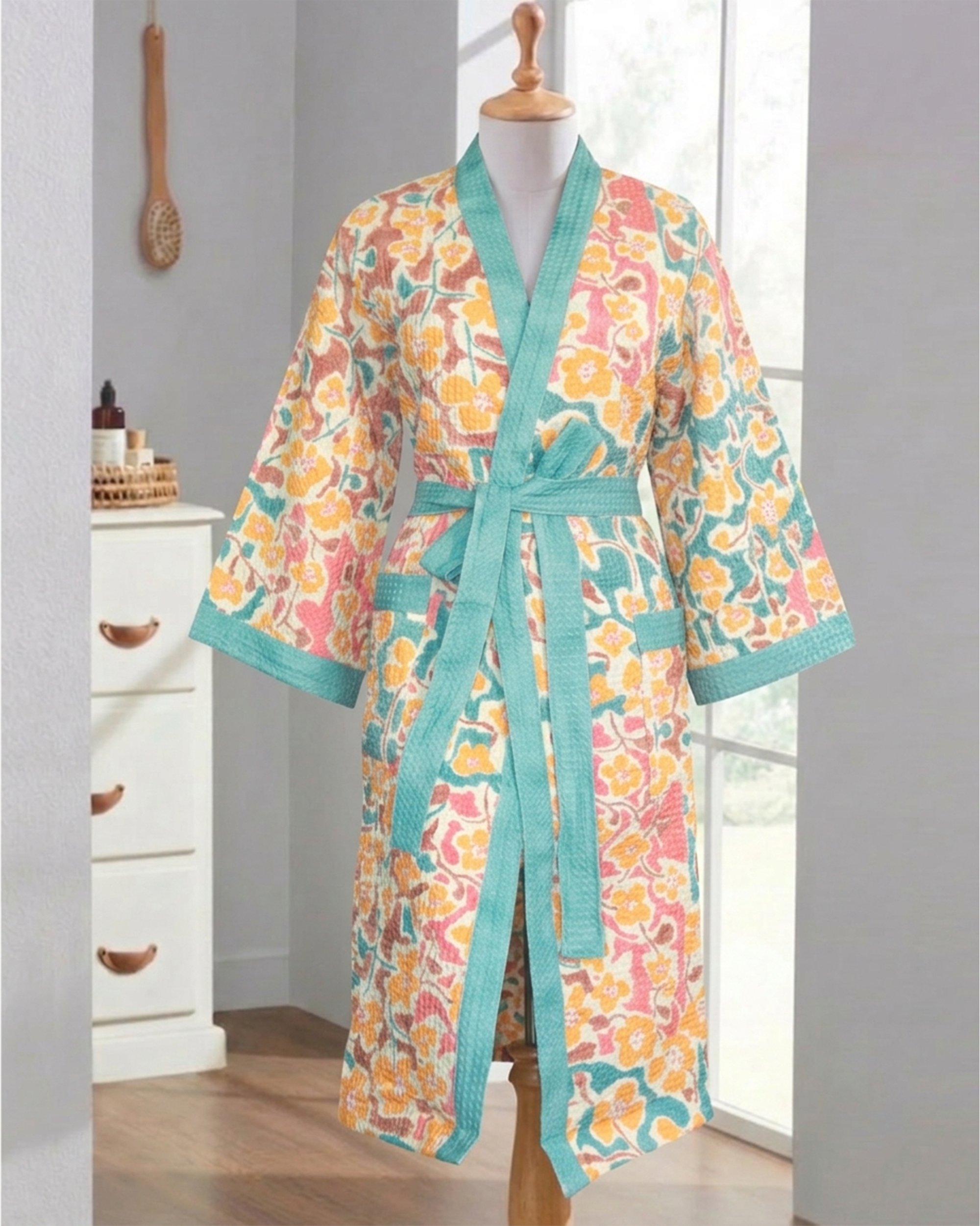 Flower Charm Cotton Waffle Bathrobe