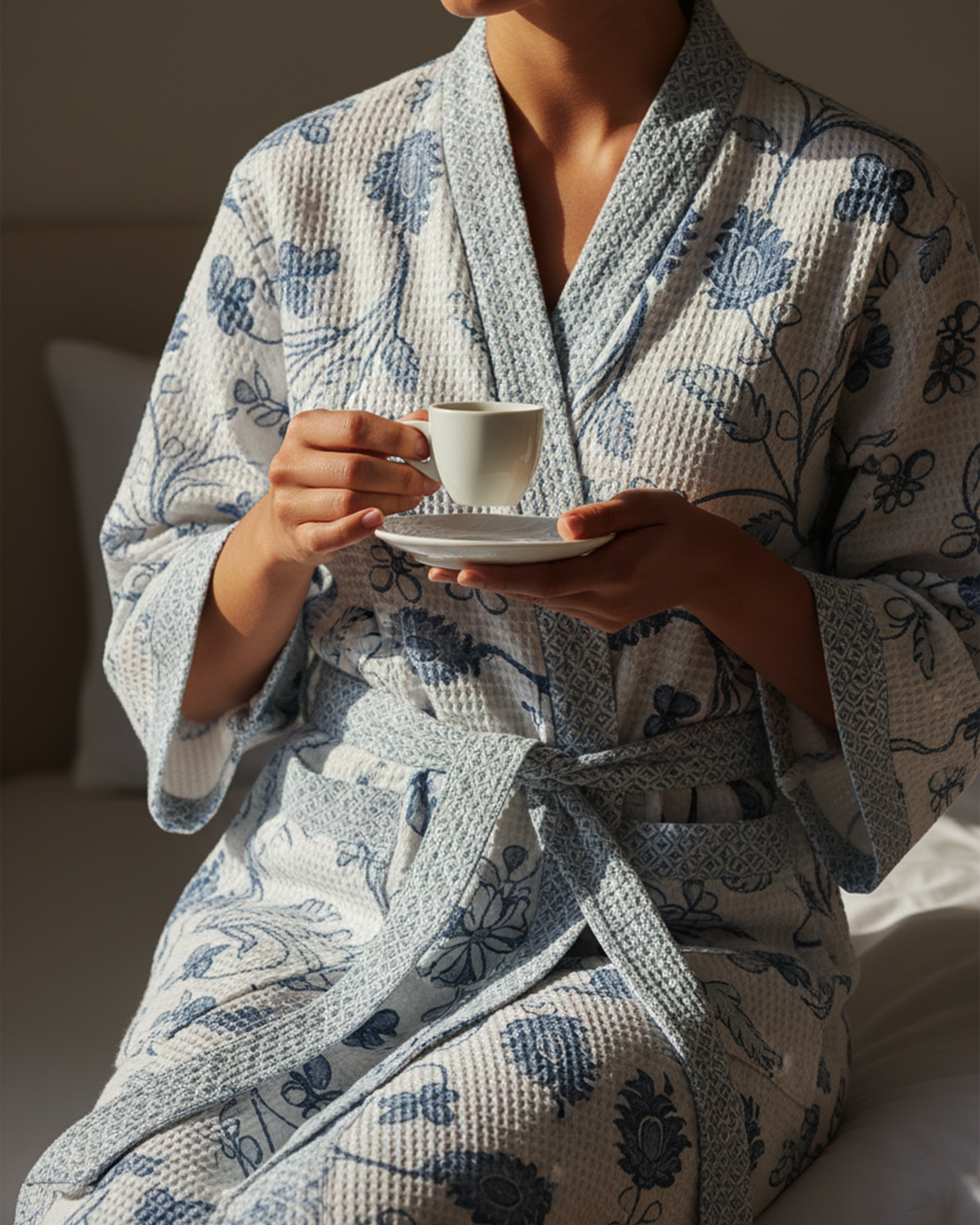 Khwaab Blue Cotton Waffle Bathrobe