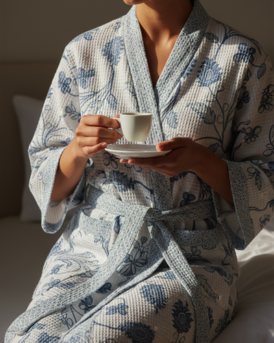 Khwaab Blue Cotton Waffle Bathrobe
